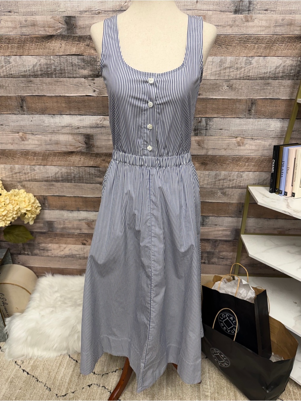 Suzie Kondi Navy/White Striped Flair Dress Sleeveless Fit